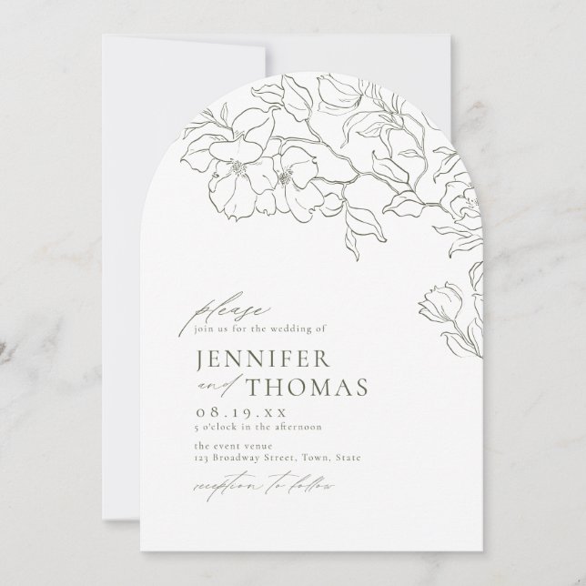 Elegant hand drawn floral sage green arch wedding invitation (Front)