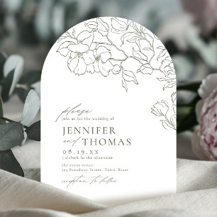 Elegant hand drawn floral sage green arch wedding invitation