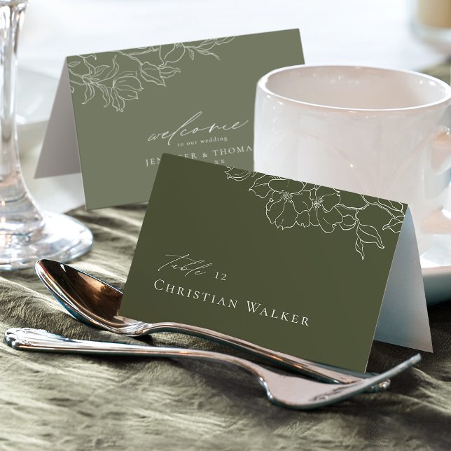 Elegant hand drawn floral sage green Place Card (Elegant hand drawn floral sage green Place Card)