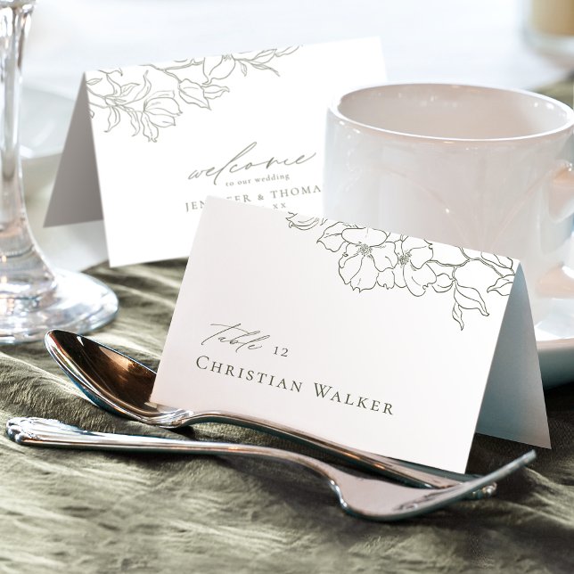 Elegant hand drawn floral sage green Place Card (Elegant hand drawn floral sage green Place Card)