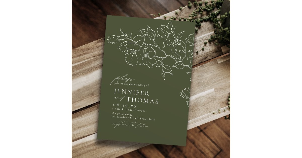 Elegant hand drawn floral sage green wedding invitation | Zazzle