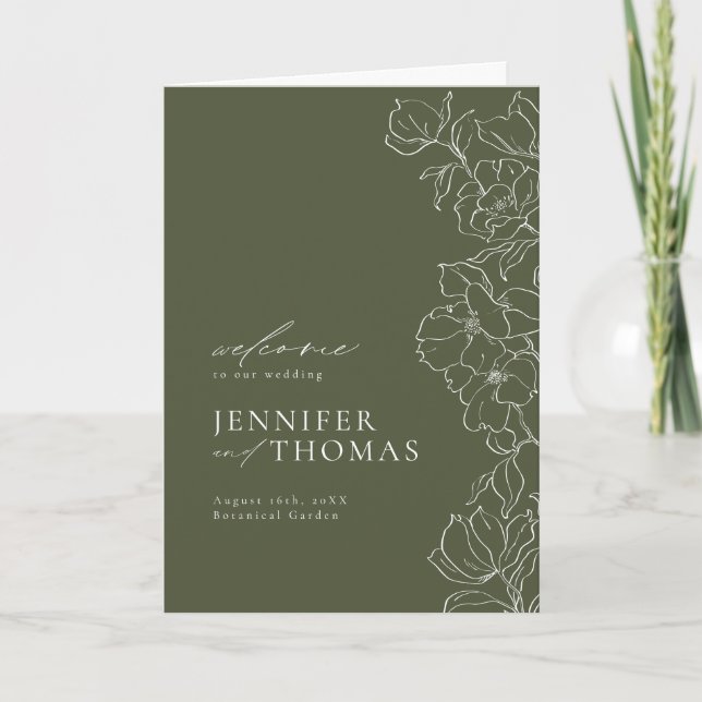 Elegant hand drawn floral sage green wedding programme (Front)