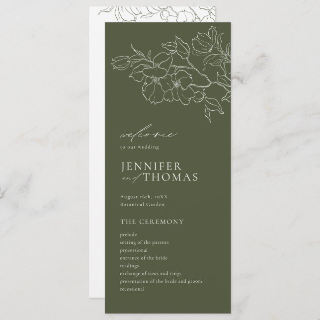 Elegant hand drawn floral sage green wedding programme (Front/Back)