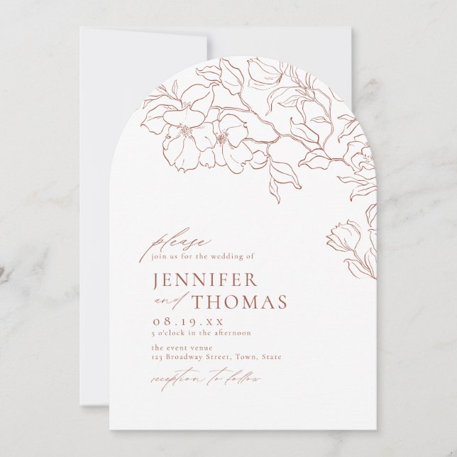Elegant hand drawn floral terracotta arch wedding invitation (Front)