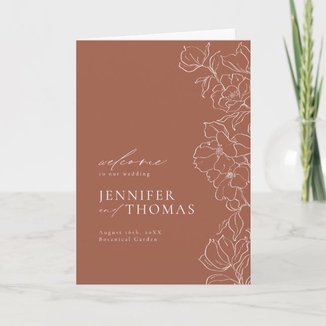 Elegant hand drawn floral terracotta wedding programme (Front)
