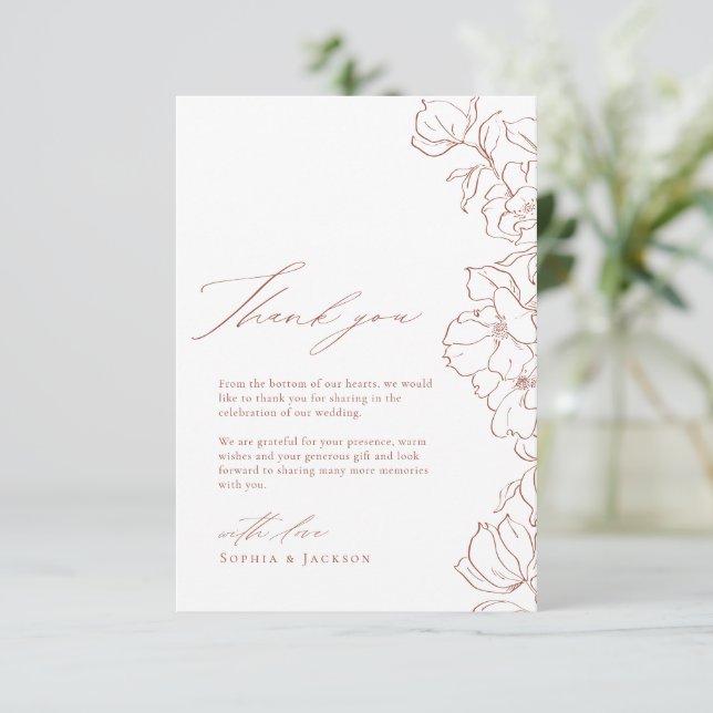 Elegant hand drawn floral terracotta wedding thank you card (Standing Front)