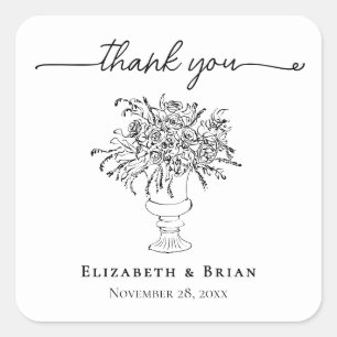 Elegant Hand Drawn Floral Wedding Thank You Square Sticker