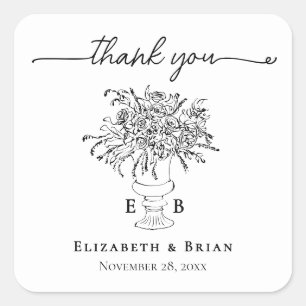 Elegant Hand Drawn Floral Wedding Thank You Square Sticker