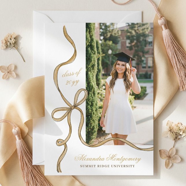 Elegant hand Drawn Gold Bow Grad Photo Graduation Announcement (Elegant hand Drawn Gold Bow Grad Photo Graduation Announcement)