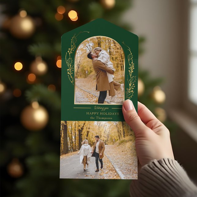 Elegant Hand Drawn Gold Holly Arch Photo All In One Invitation (Creator Uploaded)