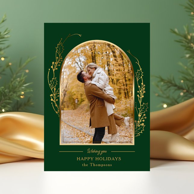 Elegant Hand Drawn Gold Holly Arch Photo Holiday Card (Creator Uploaded)