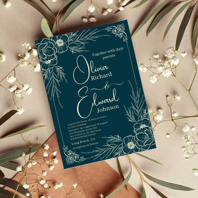 Elegant Hand-Drawn golden Flowers. Wedding Invitation (Creator Uploaded)