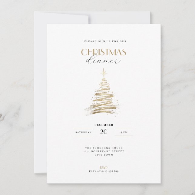 Elegant hand-drawn golden tree Christmas Invitation (Front)
