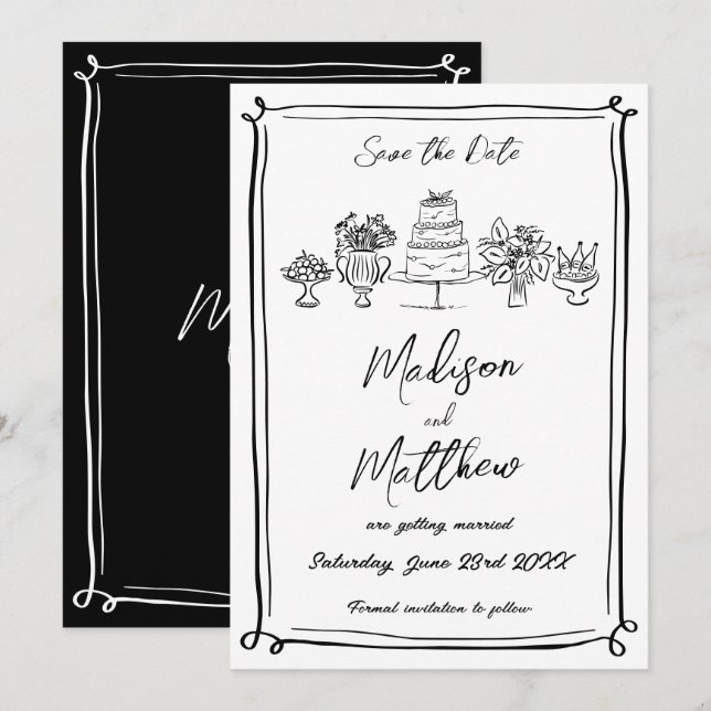 Elegant Hand Drawn Illustrations Doodles Wedding Save The Date (Front/Back)