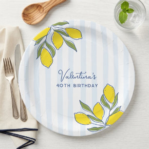 Elegant Hand Drawn Lemons Blue Stripes Party Paper Plate
