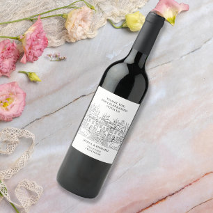 Elegant Hand Drawn Mansion Wedding Thank You Wine Label