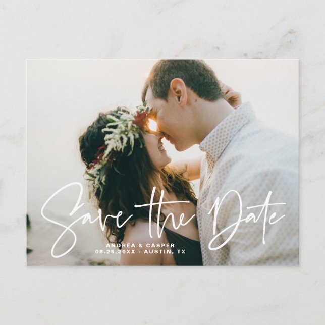 Elegant Hand Drawn Overlay Photo Save the Date Announcement Postcard (Front)