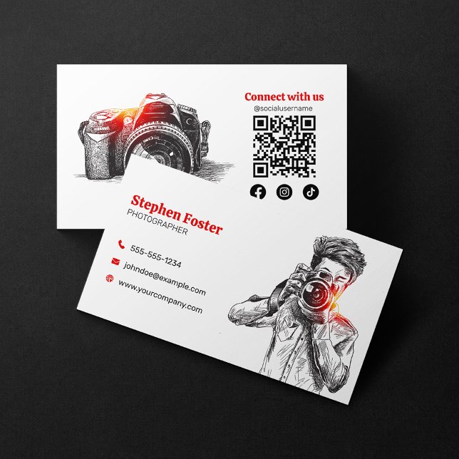 Elegant Hand Drawn Photography Camera QR Code Business Card (Creator Uploaded)