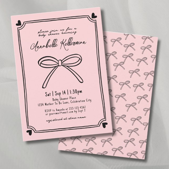 Elegant Hand Drawn Pink Bow Baby Shower Invitation (Hand Drawn Pink Bow Baby Shower Invitation)