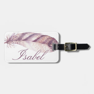Elegant Hand drawn purple pink watercolor feather Luggage Tag
