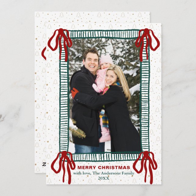Elegant Hand Drawn Red Bow Christmas Photo Holiday Card (Front/Back)