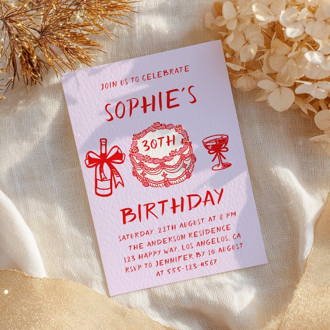 Elegant Hand Drawn Red Cake 30th Birthday Invitation (Creator Uploaded)