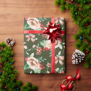 Elegant Hand Drawn Red Green floral pattern Wrapping Paper