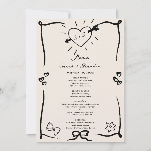 Elegant Hand Drawn Retro Black Wedding Menu Invitation (Front)