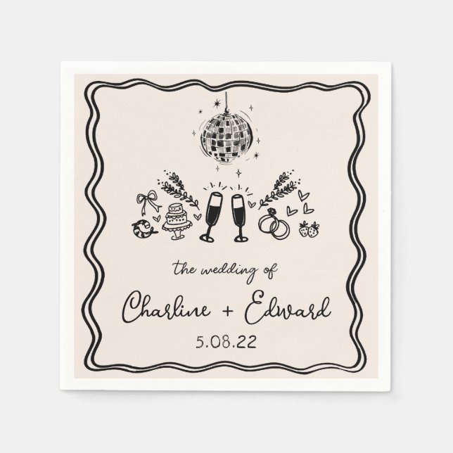 Elegant Hand Drawn Retro Black Wedding Napkins (Front)
