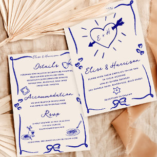 Elegant Hand Drawn Retro Blue Wedding Invitation