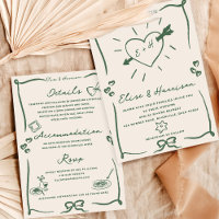 Elegant Hand Drawn Retro Green Wedding Invitation