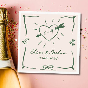 Elegant Hand Drawn Retro Green Wedding Napkin