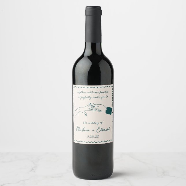 Elegant Hand Drawn Retro Green Wedding Wine Label (Front)