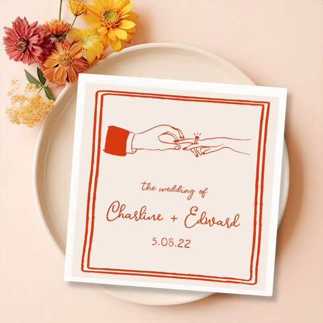 Elegant Hand Drawn Retro Orange Wedding Napkin (Creator Uploaded)