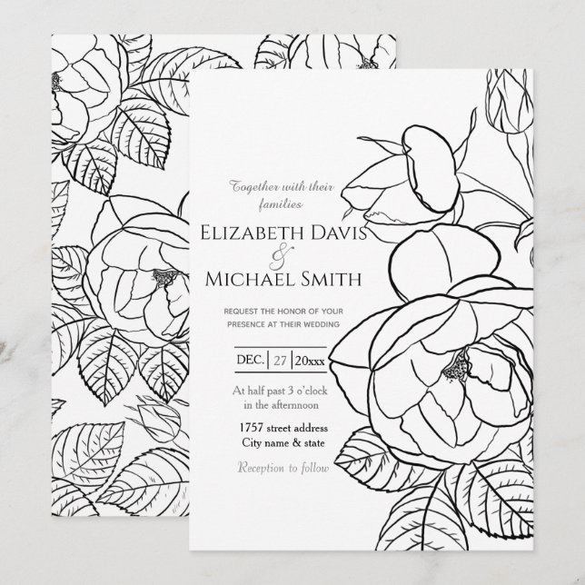Elegant hand-drawn Roses Floral Black White Design Invitation (Front/Back)