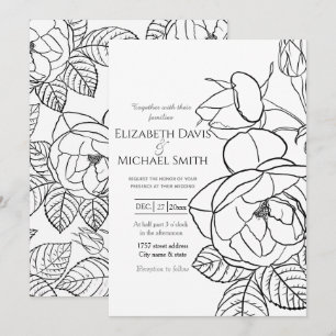Elegant hand-drawn Roses Floral Black White Design Invitation