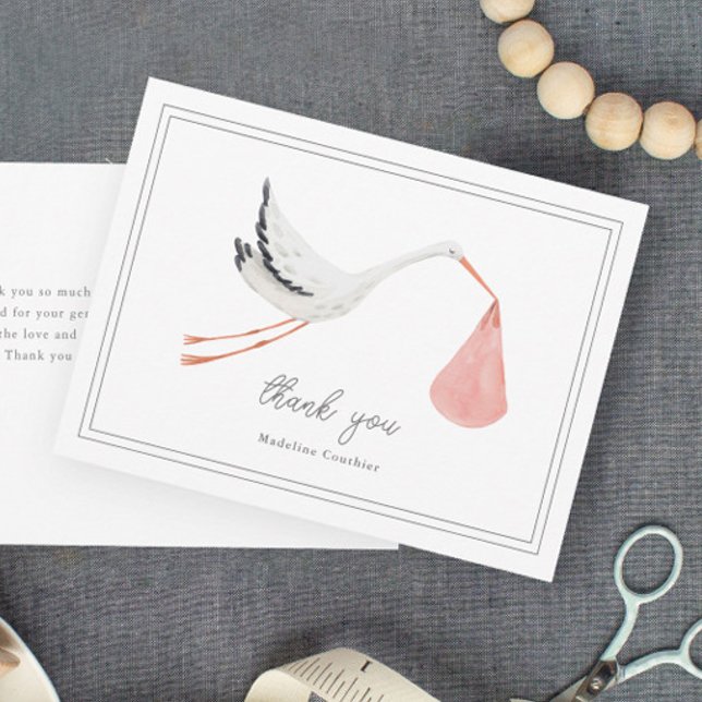 Elegant Hand Drawn Stork Girls Baby Shower Thank You Card (Elegant hand painted stork pink girls baby shower thank you cards.)