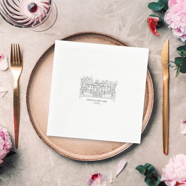 Elegant Hand Drawn Venue Chateau Illustration  Napkin (hand drawn wedding venue illustration, black and white drawing)