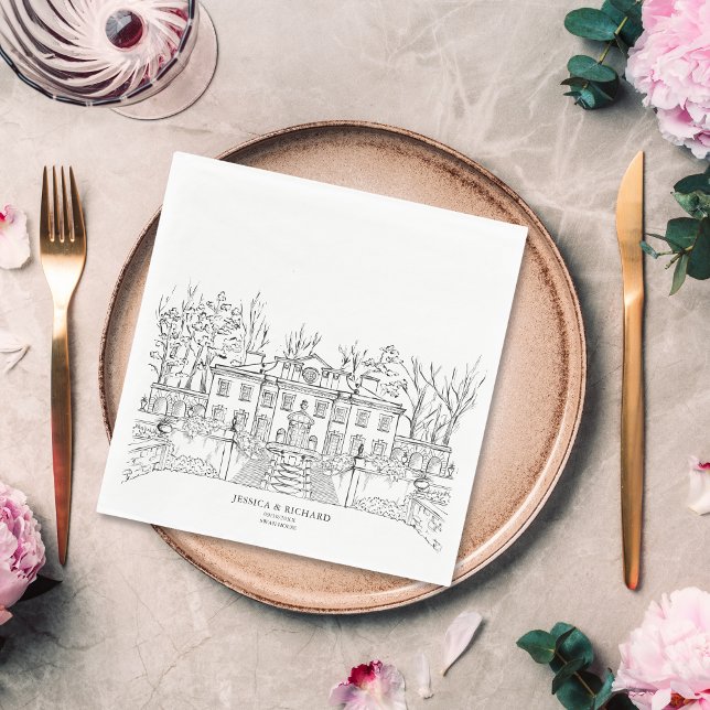 Elegant Hand Drawn Venue Chateau Illustration  Napkin (hand drawn wedding venue illustration, black and white drawing)