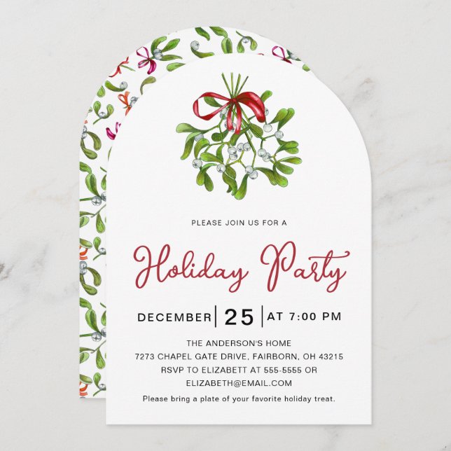 Elegant Hand Drawn Watercolor Mistletoe Christmas Invitation (Front/Back)