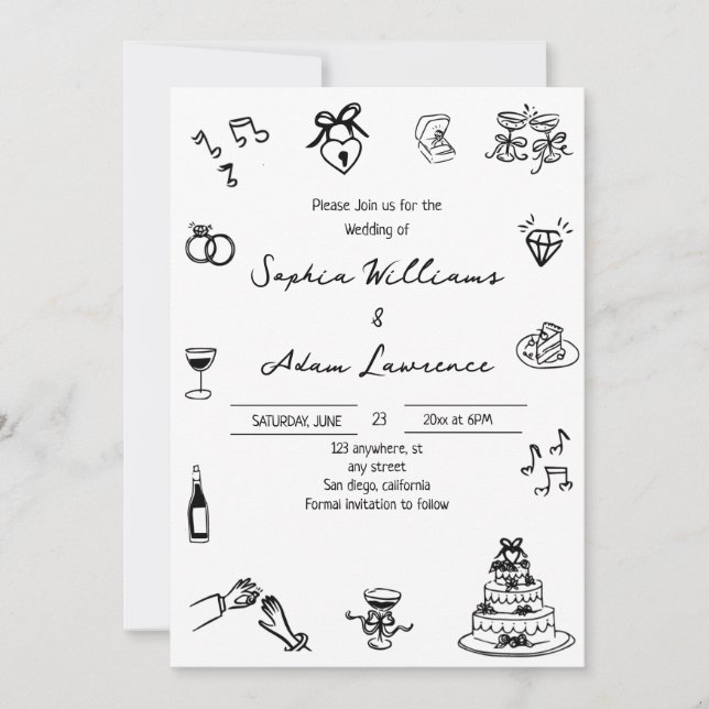 Elegant Hand Drawn Wedding Invitation (Front)