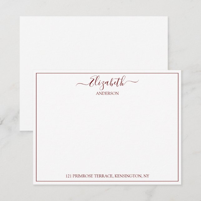 Elegant Hand Lettered Burgundy Name Address  Note  Card (Front/Back)
