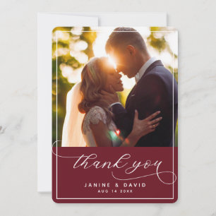 Elegant Hand Lettered Burgundy Wedding Photo Thank You Card