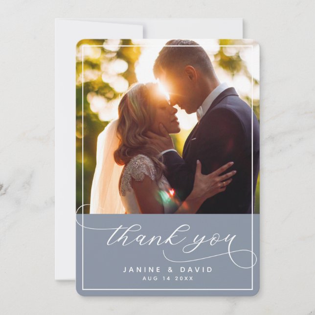 Elegant Hand Lettered Dusty Blue Wedding Photo Thank You Card (Front)