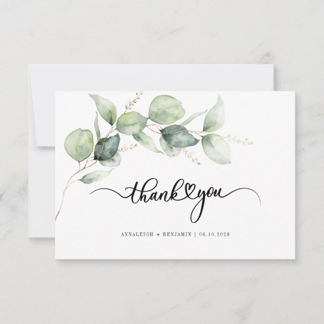 Elegant Hand-Lettered Eucalyptus Greenery Wedding Thank You Card (Front)