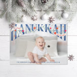 Elegant Hand-Lettered Happy Hanukkah Photo Card<br><div class="desc">Elegant hand lettered serif "hanukkah" with pomegranates and flowers with "Happy" and "with love" in ribbons.  Original graphic by Becky Nimoy. Photo courtesy of unsplash</div>