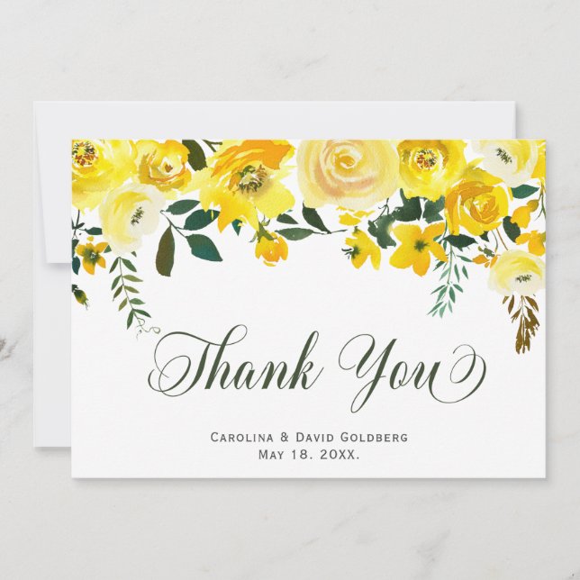 Elegant Hand Lettered Summer Yellow Rose Floral Thank You Card (Front)