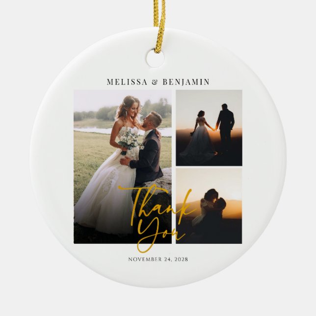 Elegant Hand-Lettered Wedding Photo Thank You Ceramic Tree Decoration (Front)