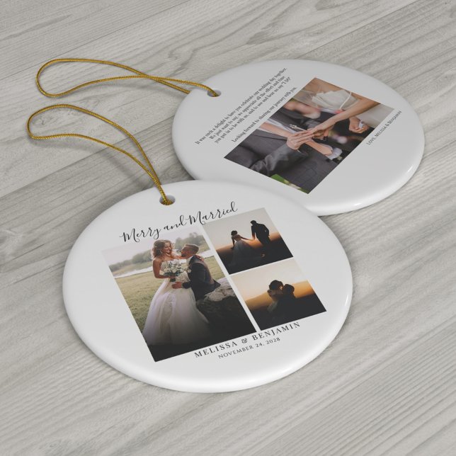 Elegant Hand-Lettered Wedding Photo Thank You Ceramic Tree Decoration (Merry and Married Wedding Photos Christmas Ceramic Circle Ornament)