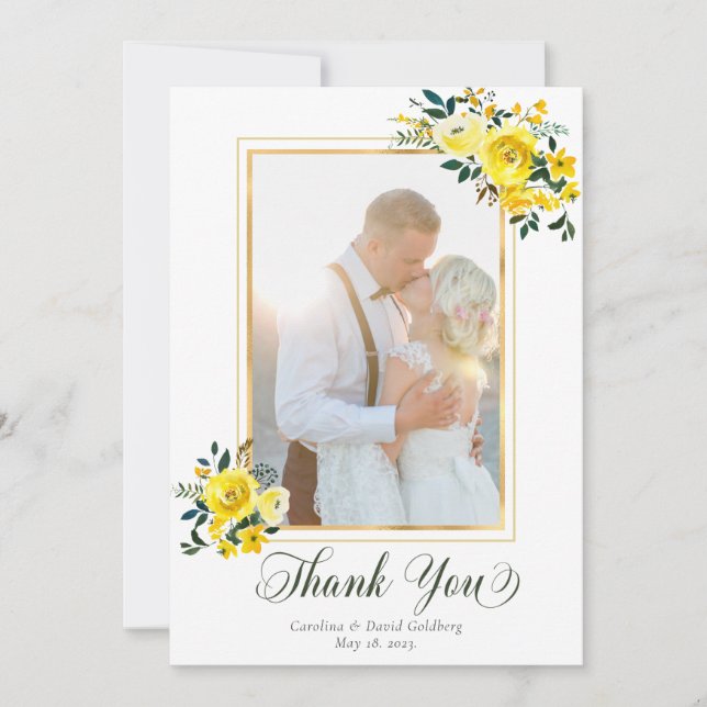 Elegant Hand Lettered Yellow Rose Floral Photo Thank You Card (Front)